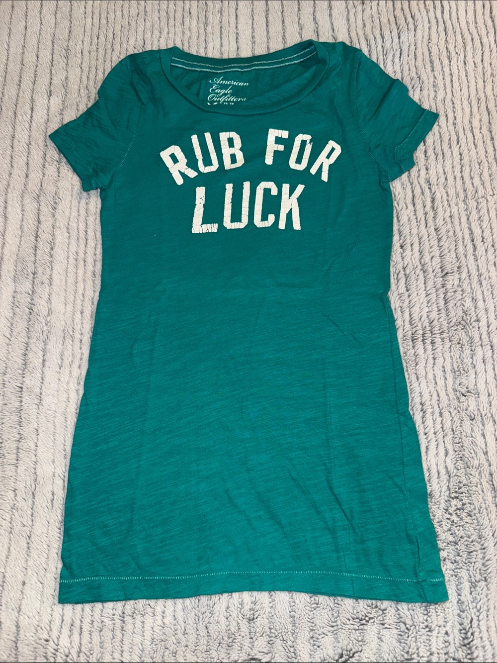 American Eagle Outfitters Teal Graphic 'Rub For Luck' Short Sleeve Tee